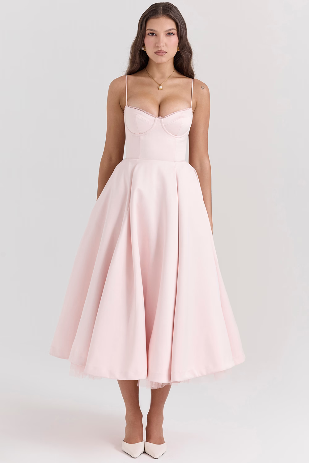 Femme Robe Midi à Bretelles Fines avec Bustier et Jupe A-ligne