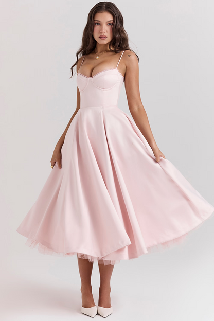 Femme Robe Midi à Bretelles Fines avec Bustier et Jupe A-ligne