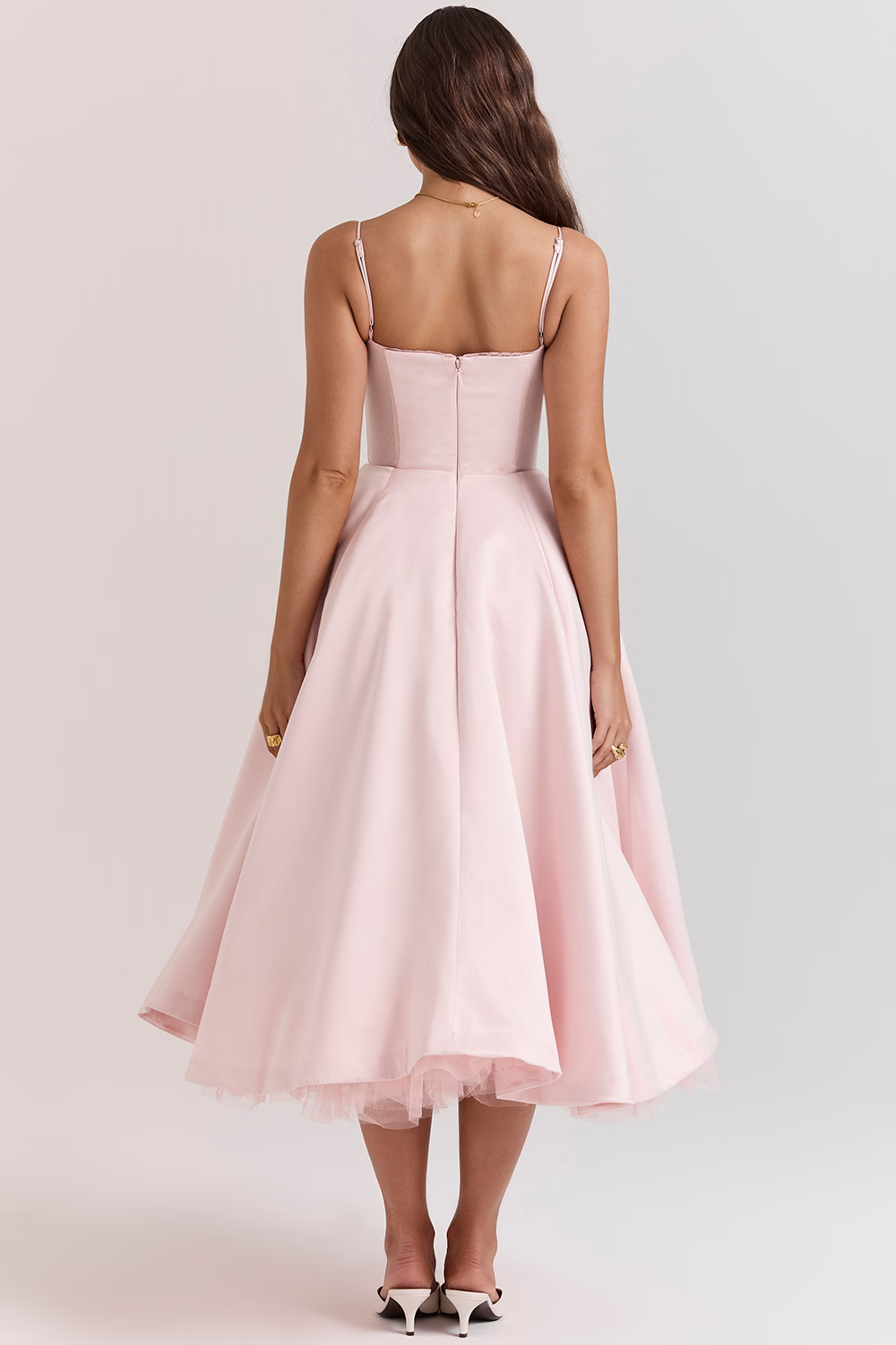 Femme Robe Midi à Bretelles Fines avec Bustier et Jupe A-ligne