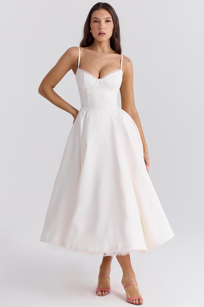 Femme Robe Midi à Bretelles Fines avec Bustier et Jupe A-ligne