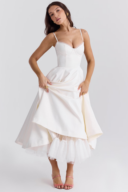 Femme Robe Midi à Bretelles Fines avec Bustier et Jupe A-ligne