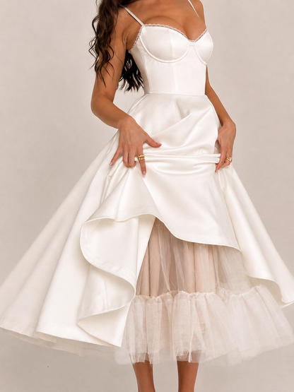 Femme Robe Midi à Bretelles Fines avec Bustier et Jupe A-ligne