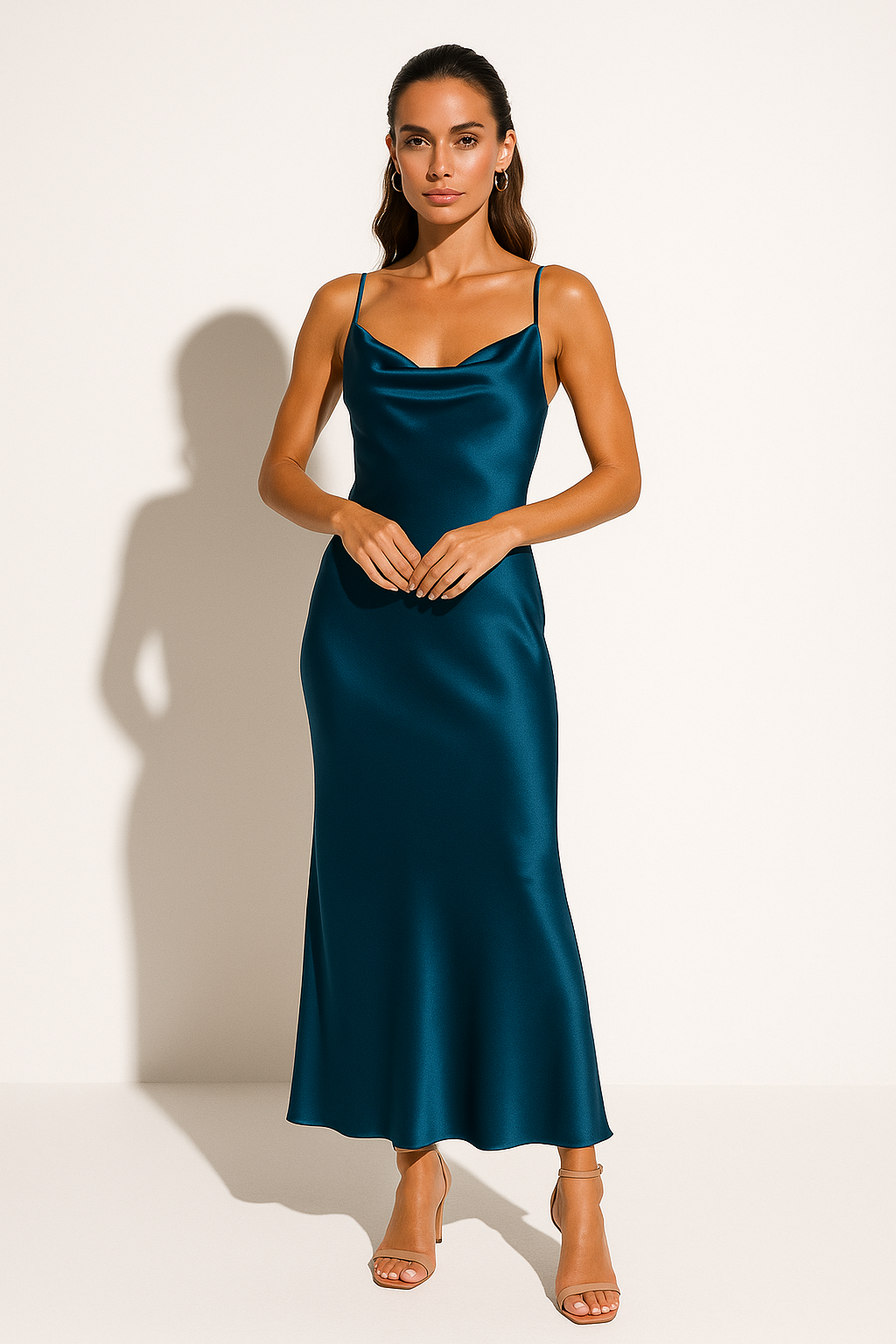 Femme Robe Midi à Bretelles Fines avec Décolleté Drapé et Coupe Ajustée
