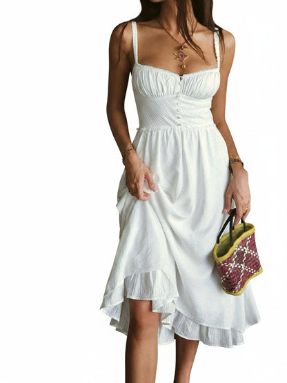 Femme Robe Midi à Bretelles sans Manches avec Décolleté Carré et Volants