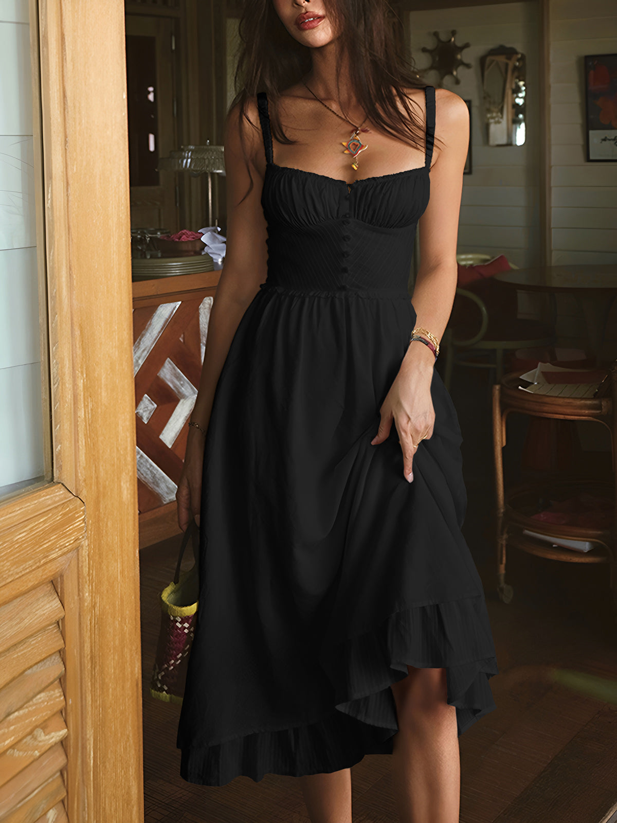 Femme Robe Midi à Bretelles sans Manches avec Décolleté Carré et Volants