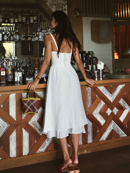 Femme Robe Midi à Bretelles sans Manches avec Décolleté Carré et Volants
