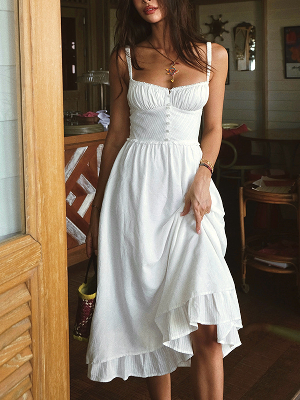Femme Robe Midi à Bretelles sans Manches avec Décolleté Carré et Volants