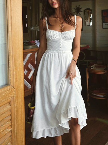 Femme Robe Midi à Bretelles sans Manches avec Décolleté Carré et Volants