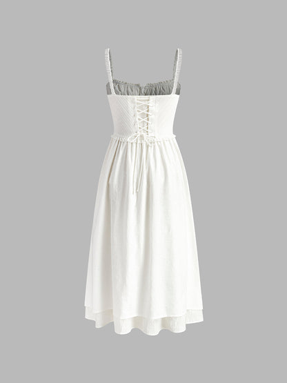 Femme Robe Midi à Bretelles sans Manches avec Décolleté Carré et Volants