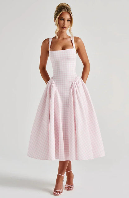 Femme Robe Midi à Carreaux Sans Manches avec Bretelles Larges et Jupe Évasée