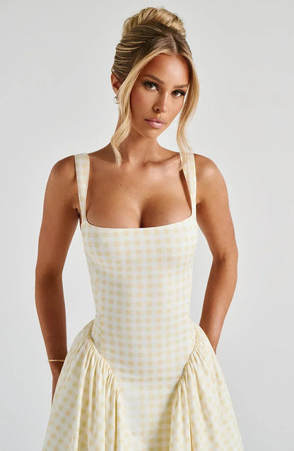 Femme Robe Midi à Carreaux Sans Manches avec Bretelles Larges et Jupe Évasée