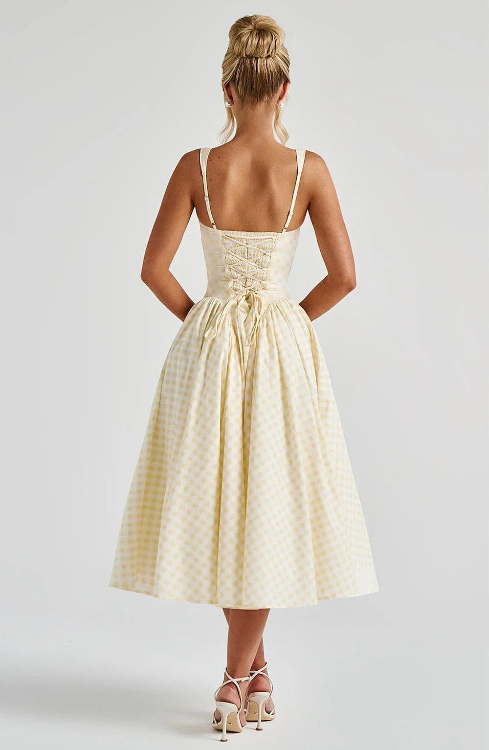Femme Robe Midi à Carreaux Sans Manches avec Bretelles Larges et Jupe Évasée