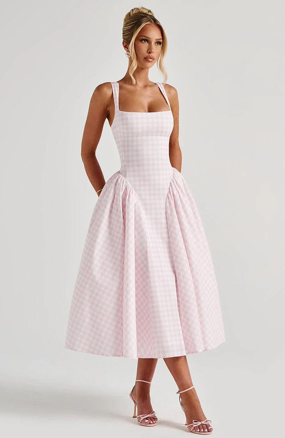 Femme Robe Midi à Carreaux Sans Manches avec Bretelles Larges et Jupe Évasée