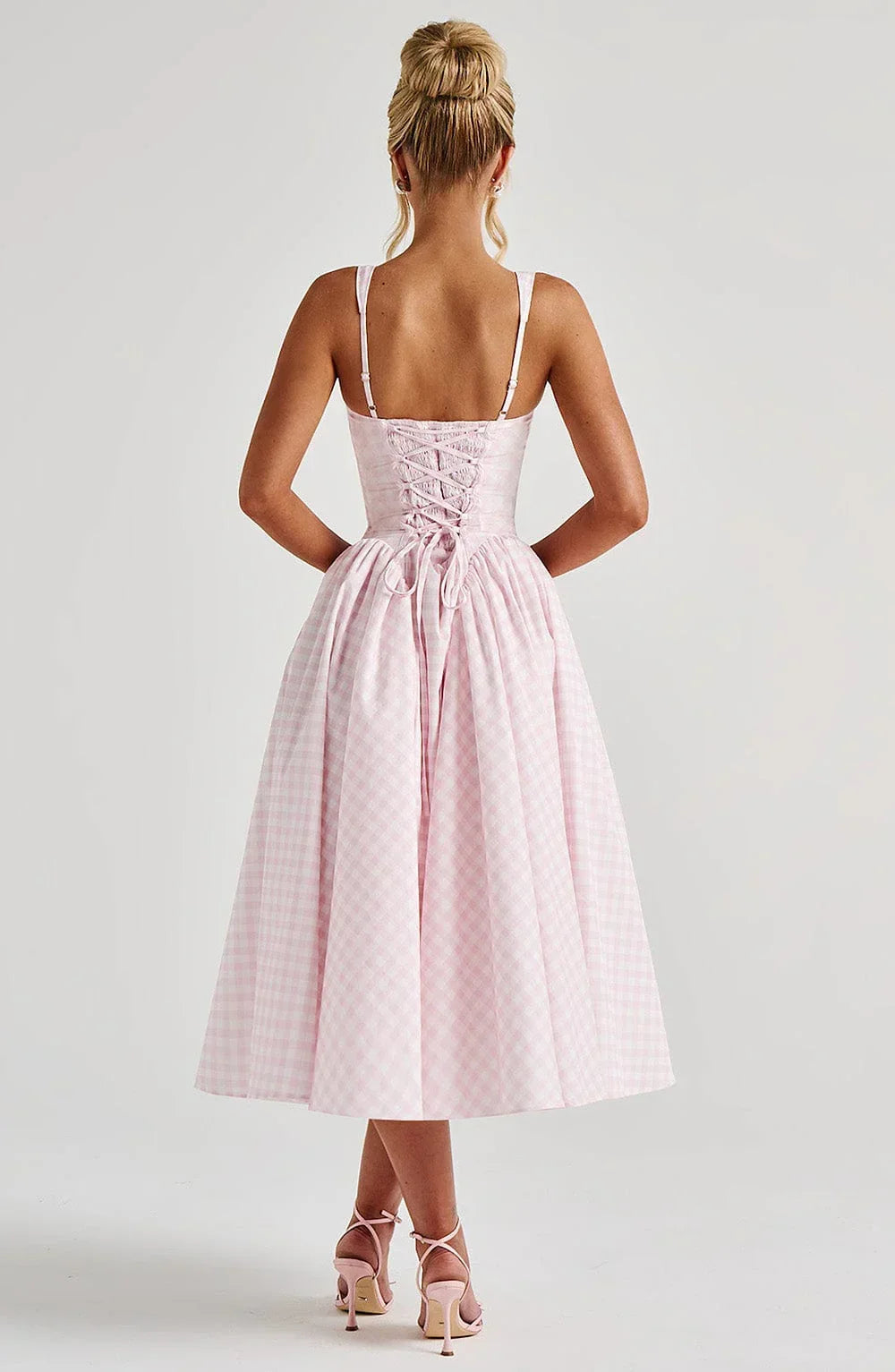 Femme Robe Midi à Carreaux Sans Manches avec Bretelles Larges et Jupe Évasée