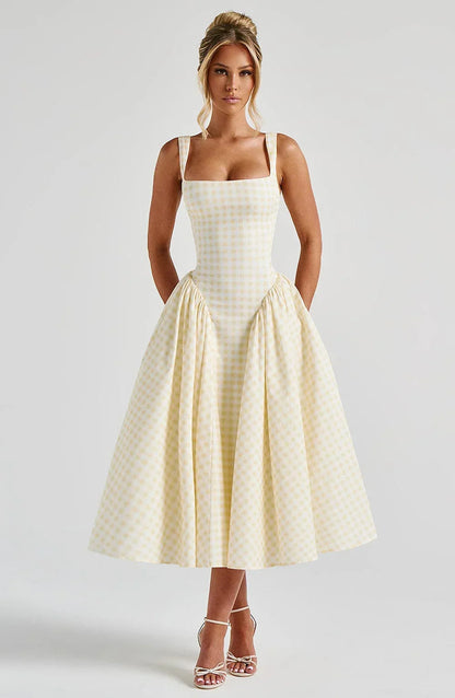 Femme Robe Midi à Carreaux Sans Manches avec Bretelles Larges et Jupe Évasée