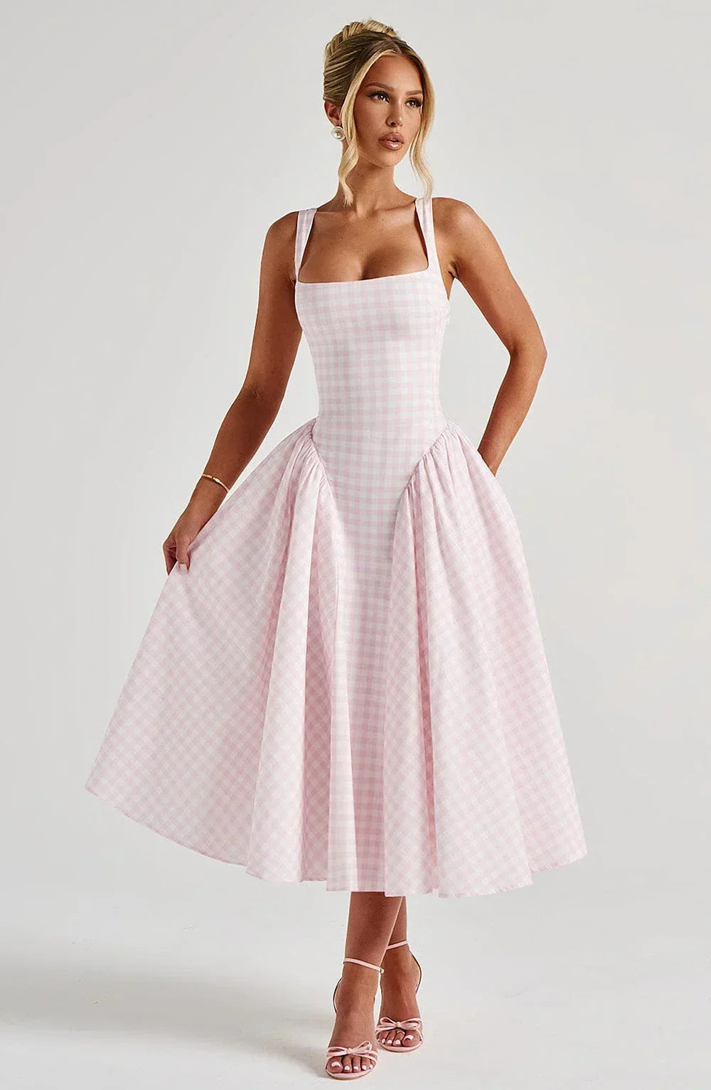 Femme Robe Midi à Carreaux Sans Manches avec Bretelles Larges et Jupe Évasée