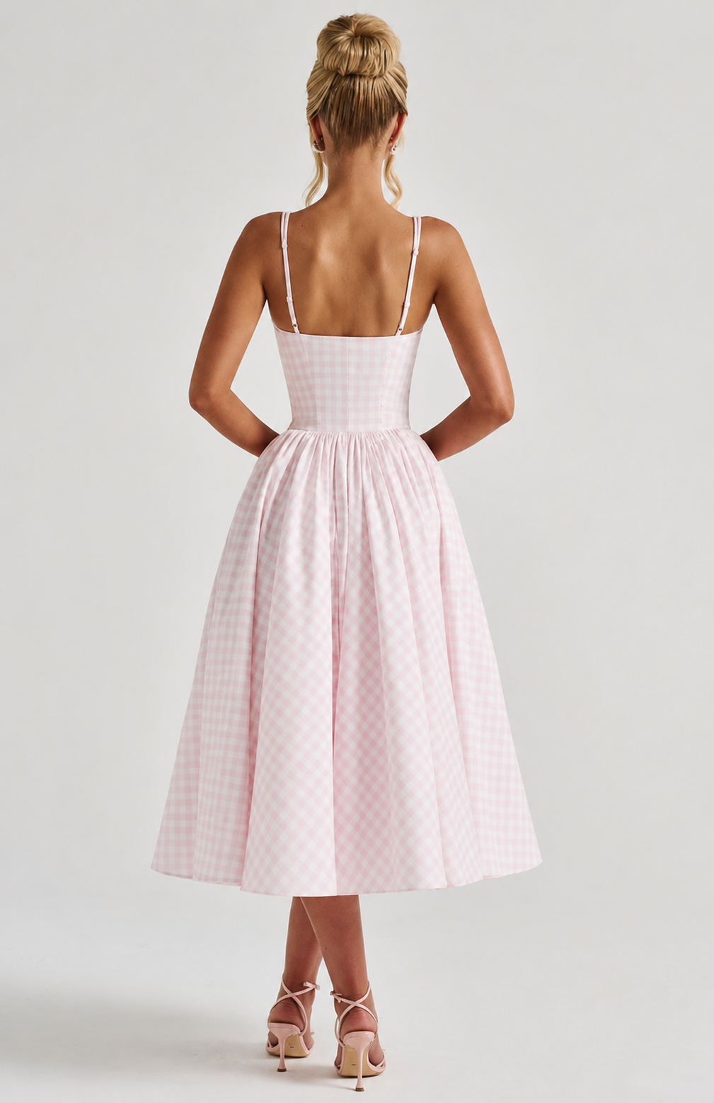 Femme Robe Midi à Carreaux Sans Manches avec Bretelles Larges et Jupe Évasée