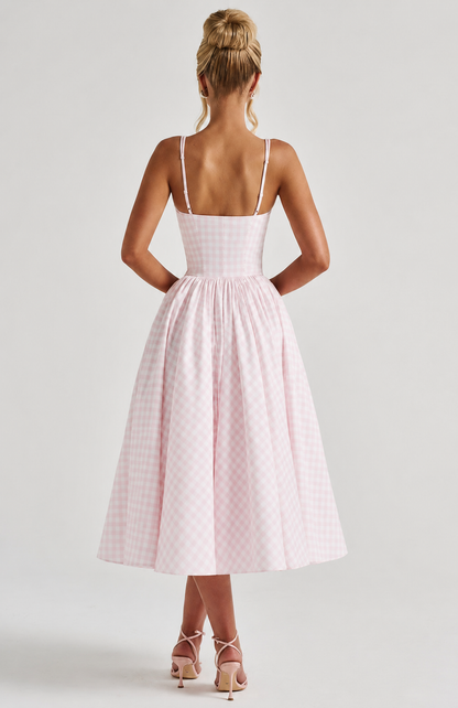 Femme Robe Midi à Carreaux Sans Manches avec Bretelles Larges et Jupe Évasée