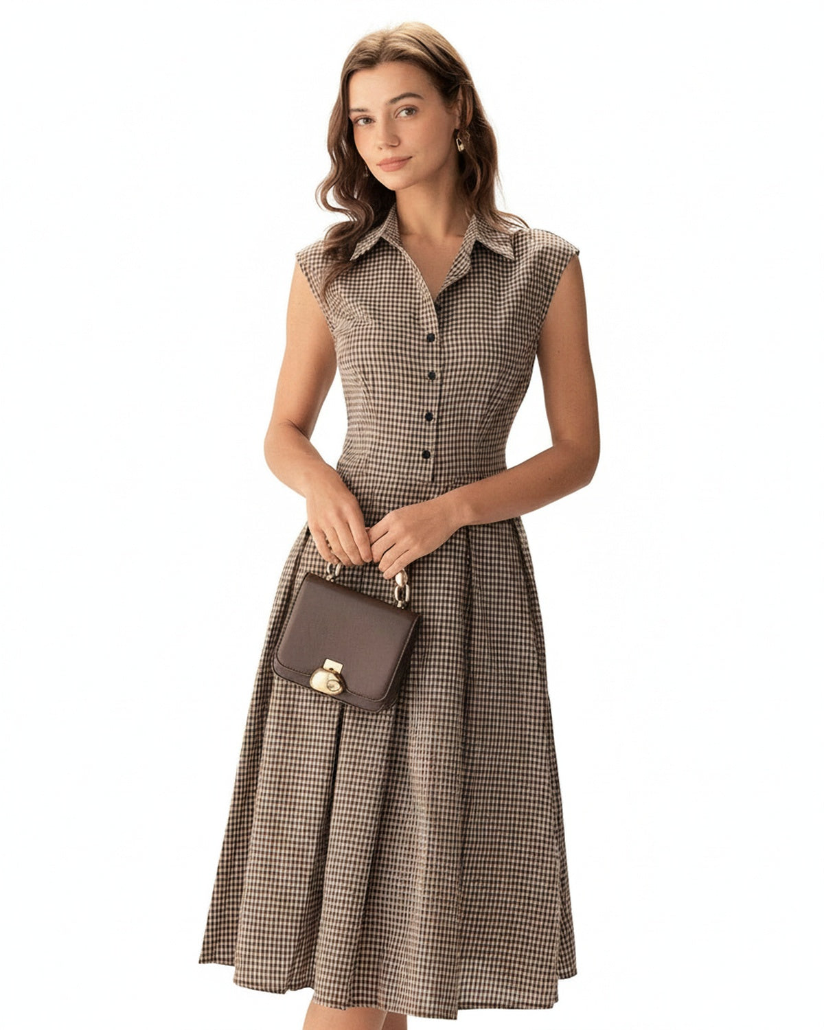 Femme Robe Midi à Carreaux sans Manches avec Col Chemise et Jupe Plissée A-Line
