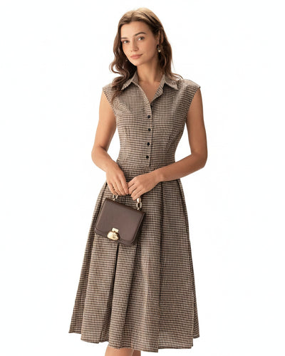 Femme Robe Midi à Carreaux sans Manches avec Col Chemise et Jupe Plissée A-Line