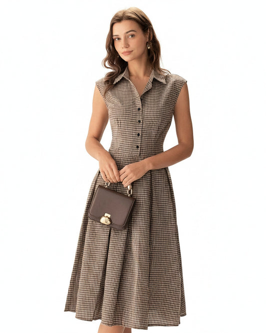 Femme Robe Midi à Carreaux sans Manches avec Col Chemise et Jupe Plissée A-Line