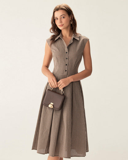 Femme Robe Midi à Carreaux sans Manches avec Col Chemise et Jupe Plissée A-Line
