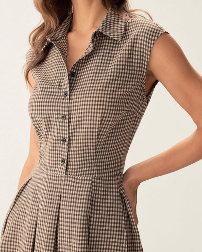 Femme Robe Midi à Carreaux sans Manches avec Col Chemise et Jupe Plissée A-Line