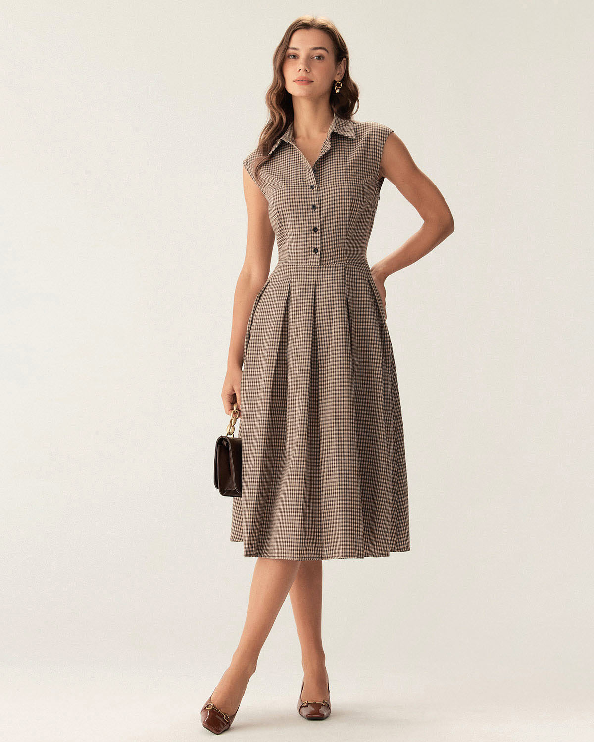 Femme Robe Midi à Carreaux sans Manches avec Col Chemise et Jupe Plissée A-Line