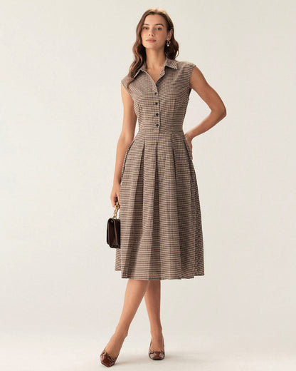 Femme Robe Midi à Carreaux sans Manches avec Col Chemise et Jupe Plissée A-Line