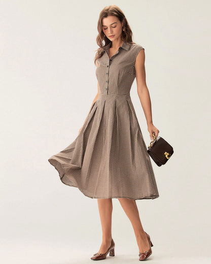 Femme Robe Midi à Carreaux sans Manches avec Col Chemise et Jupe Plissée A-Line