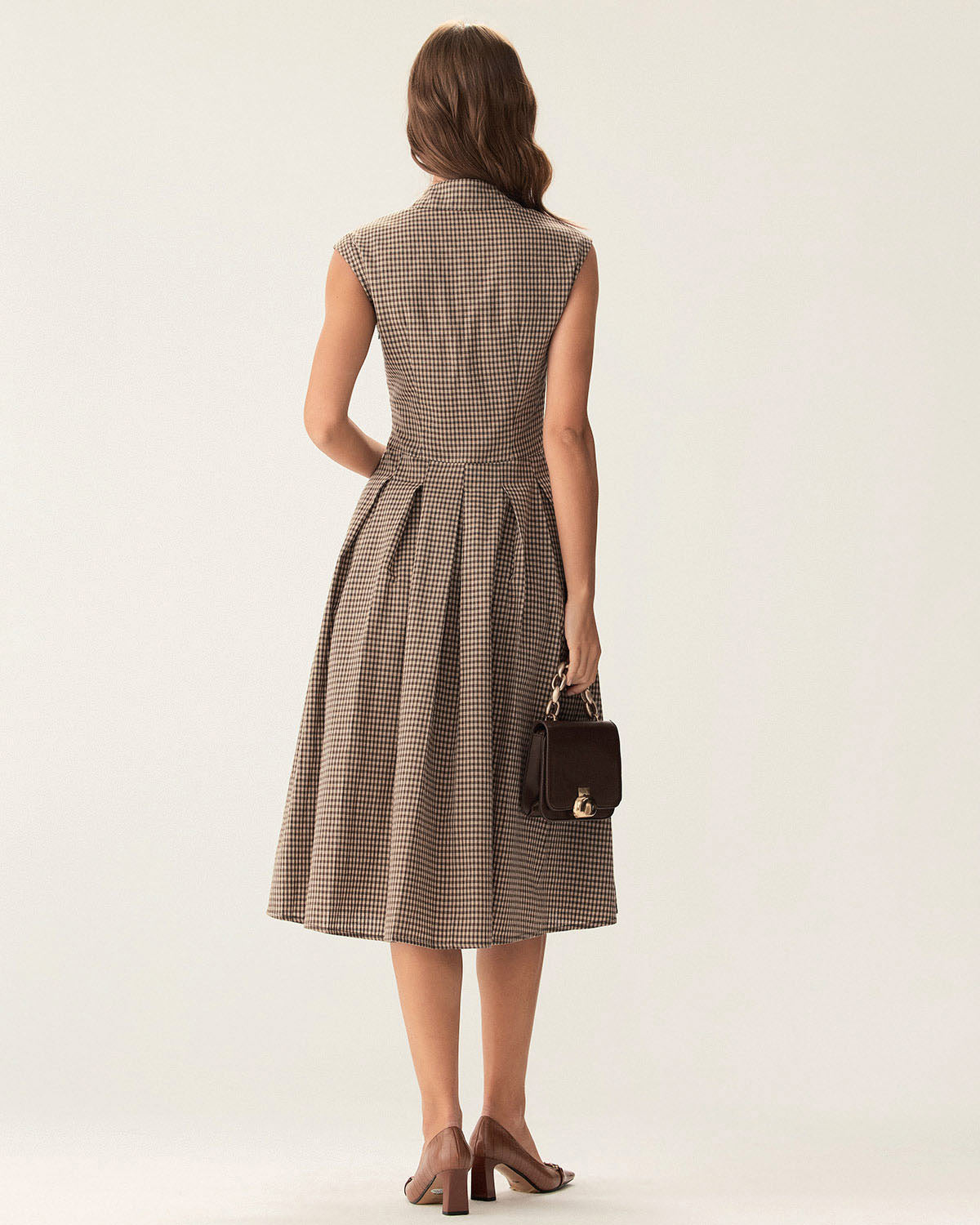 Femme Robe Midi à Carreaux sans Manches avec Col Chemise et Jupe Plissée A-Line