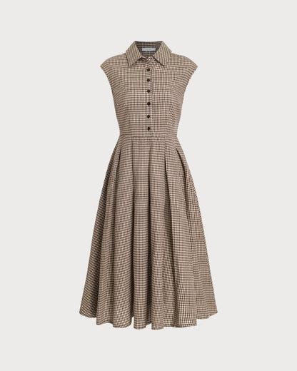 Femme Robe Midi à Carreaux sans Manches avec Col Chemise et Jupe Plissée A-Line