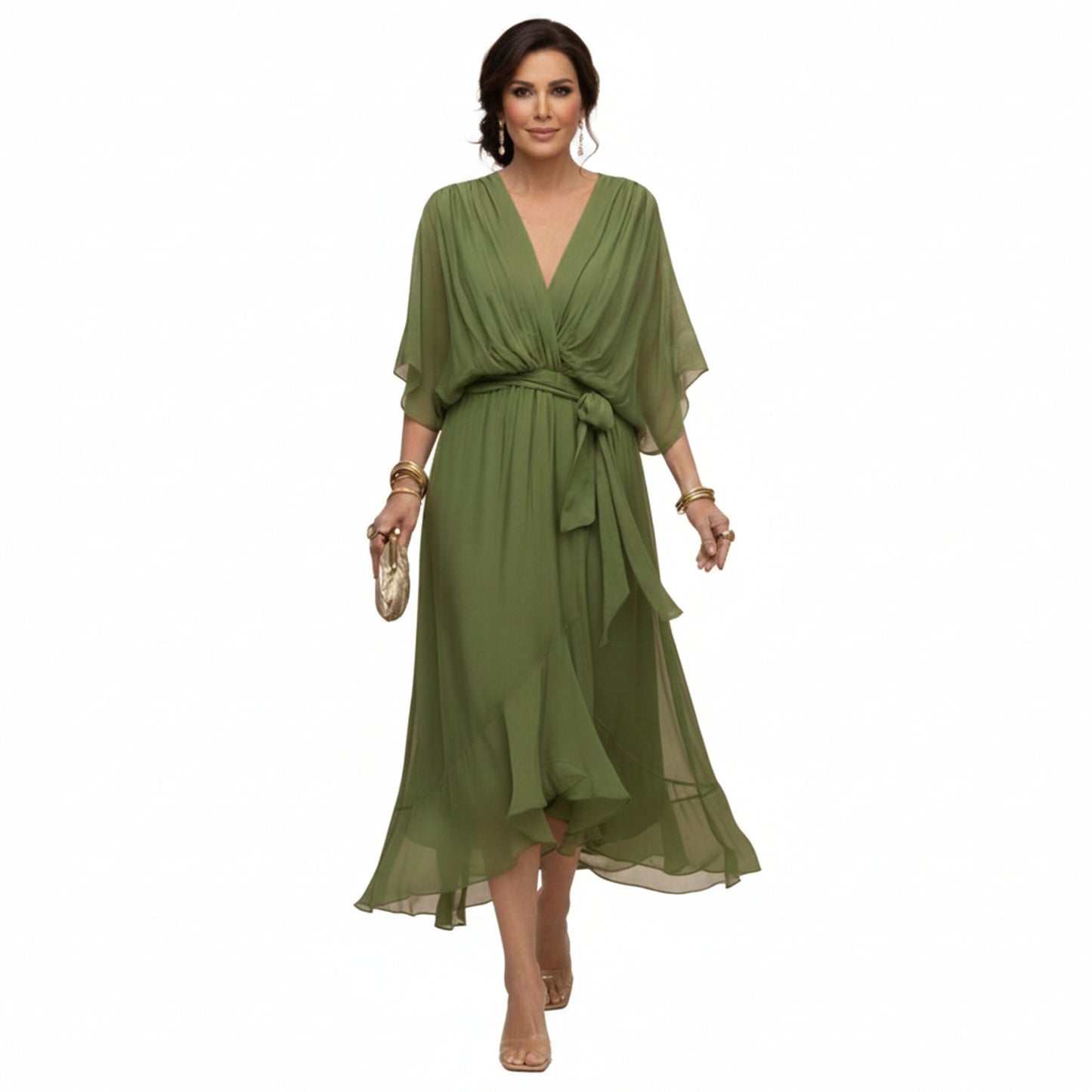 Femme Robe Midi à Col en V avec Manches Chauve-Souris et Ceinture Nouée