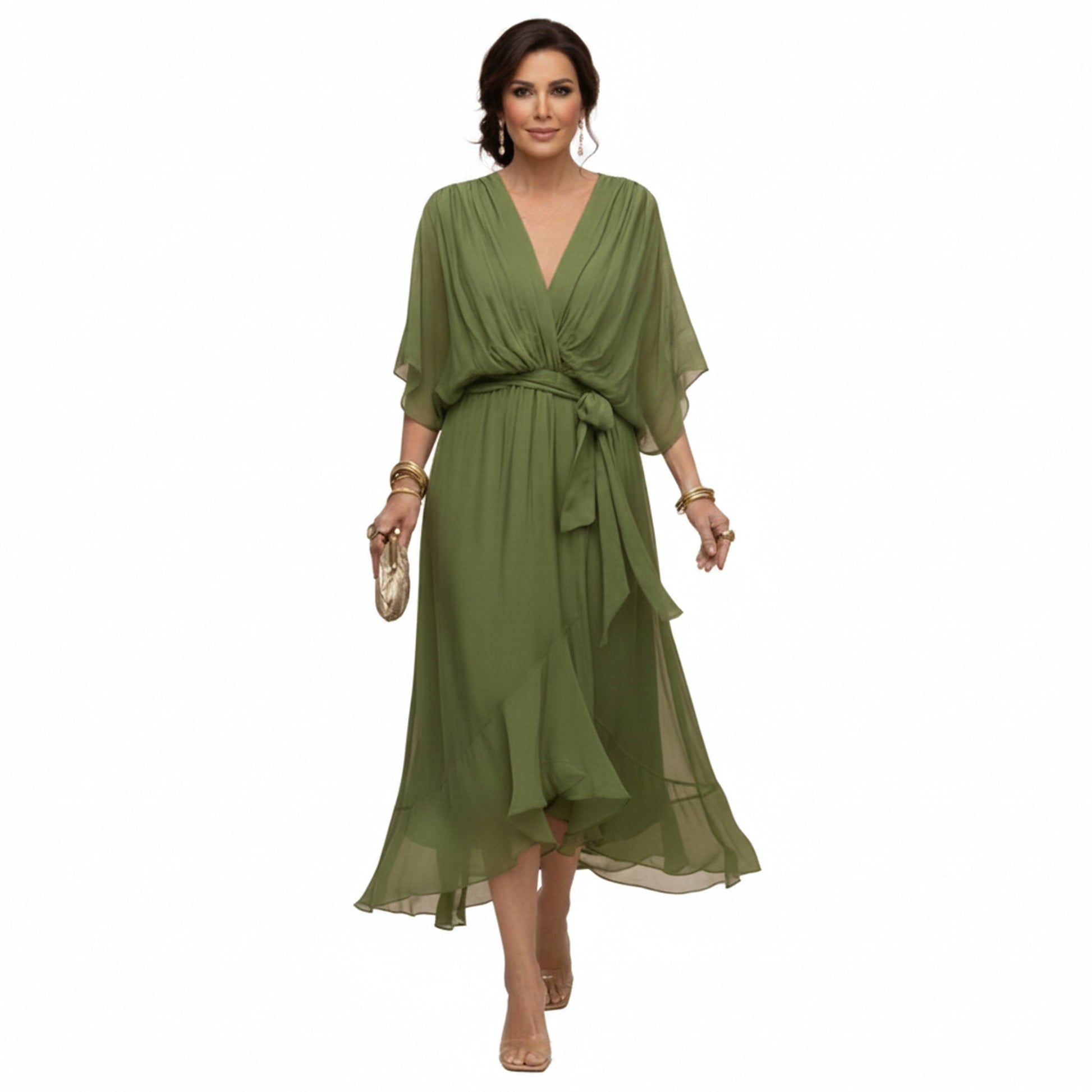 Femme Robe Midi à Col en V avec Manches Chauve-Souris et Ceinture Nouée