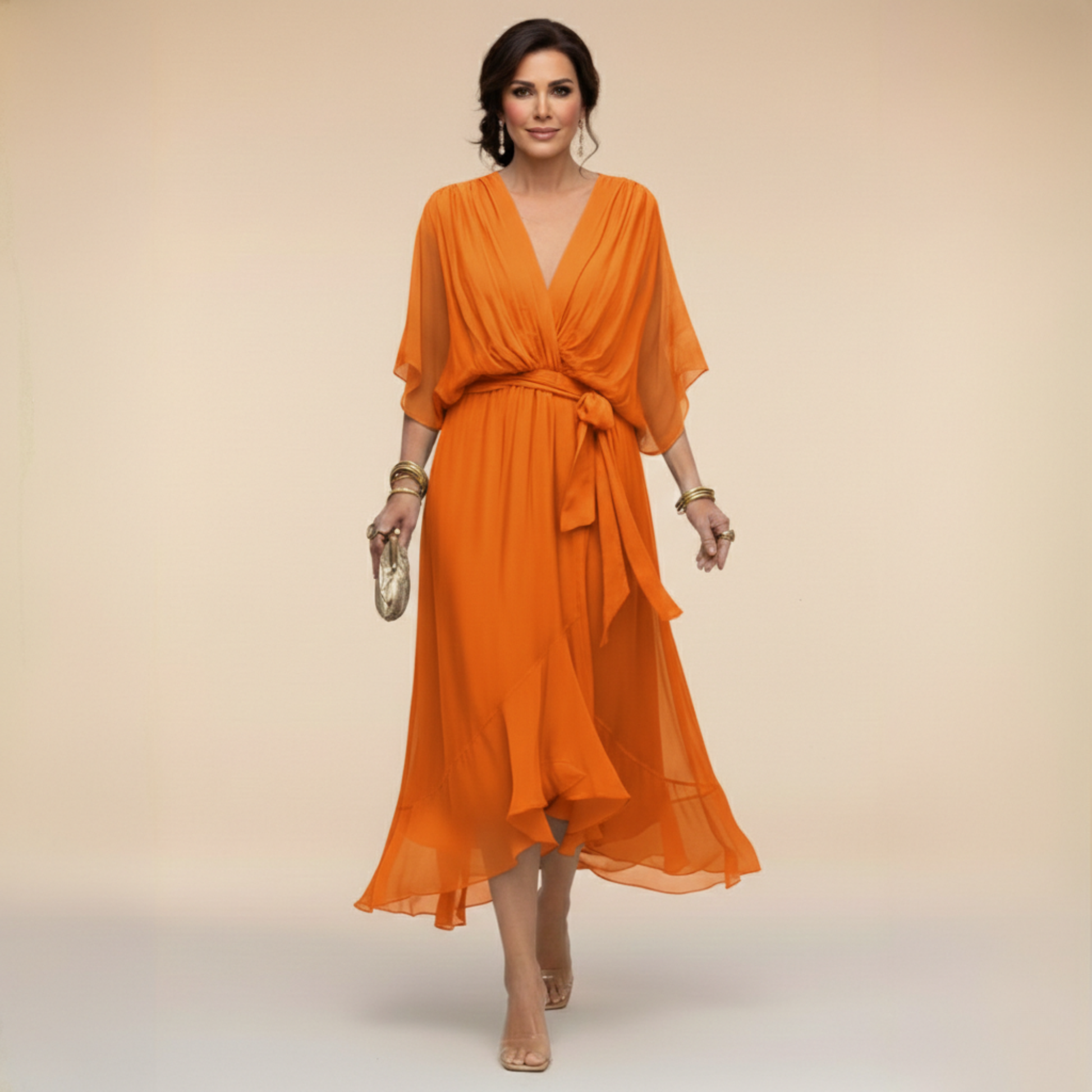 Femme Robe Midi à Col en V avec Manches Chauve-Souris et Ceinture Nouée