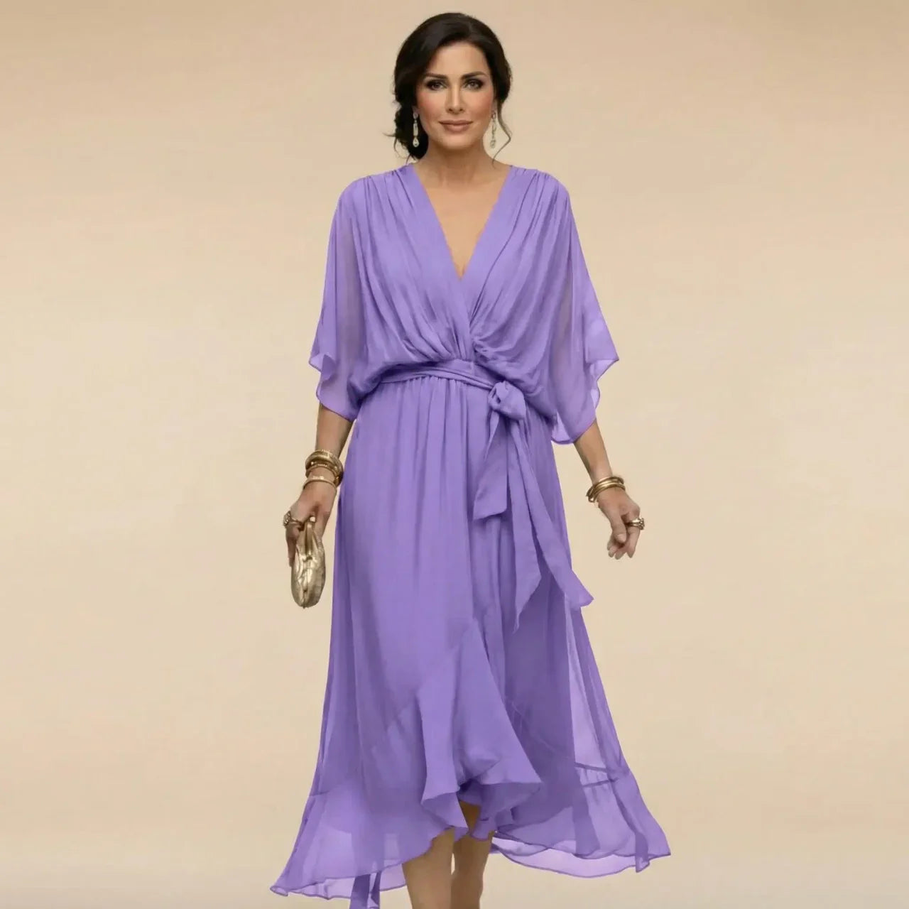 Femme Robe Midi à Col en V avec Manches Chauve-Souris et Ceinture Nouée