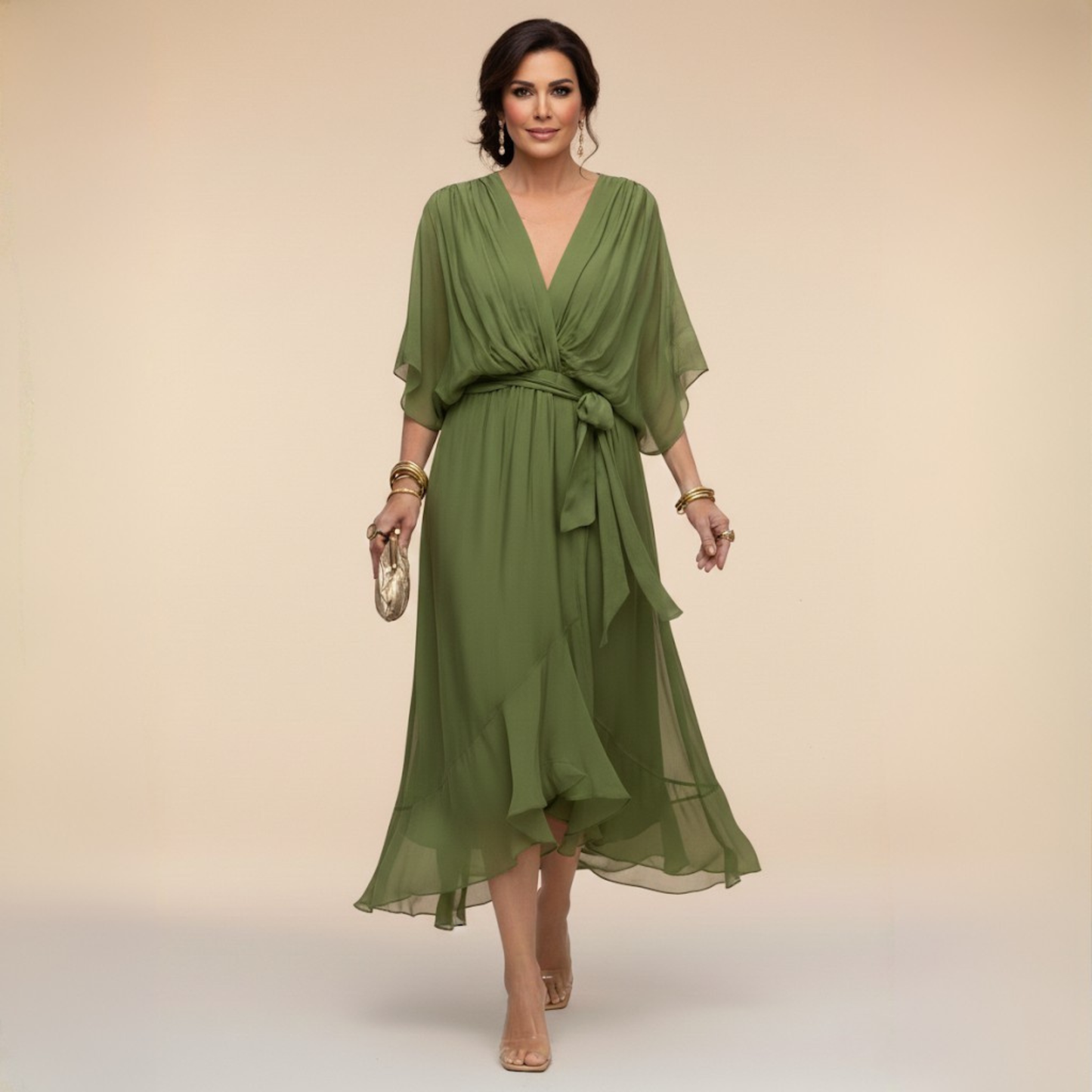 Femme Robe Midi à Col en V avec Manches Chauve-Souris et Ceinture Nouée