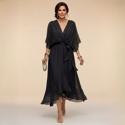 Femme Robe Midi à Col en V avec Manches Chauve-Souris et Ceinture Nouée