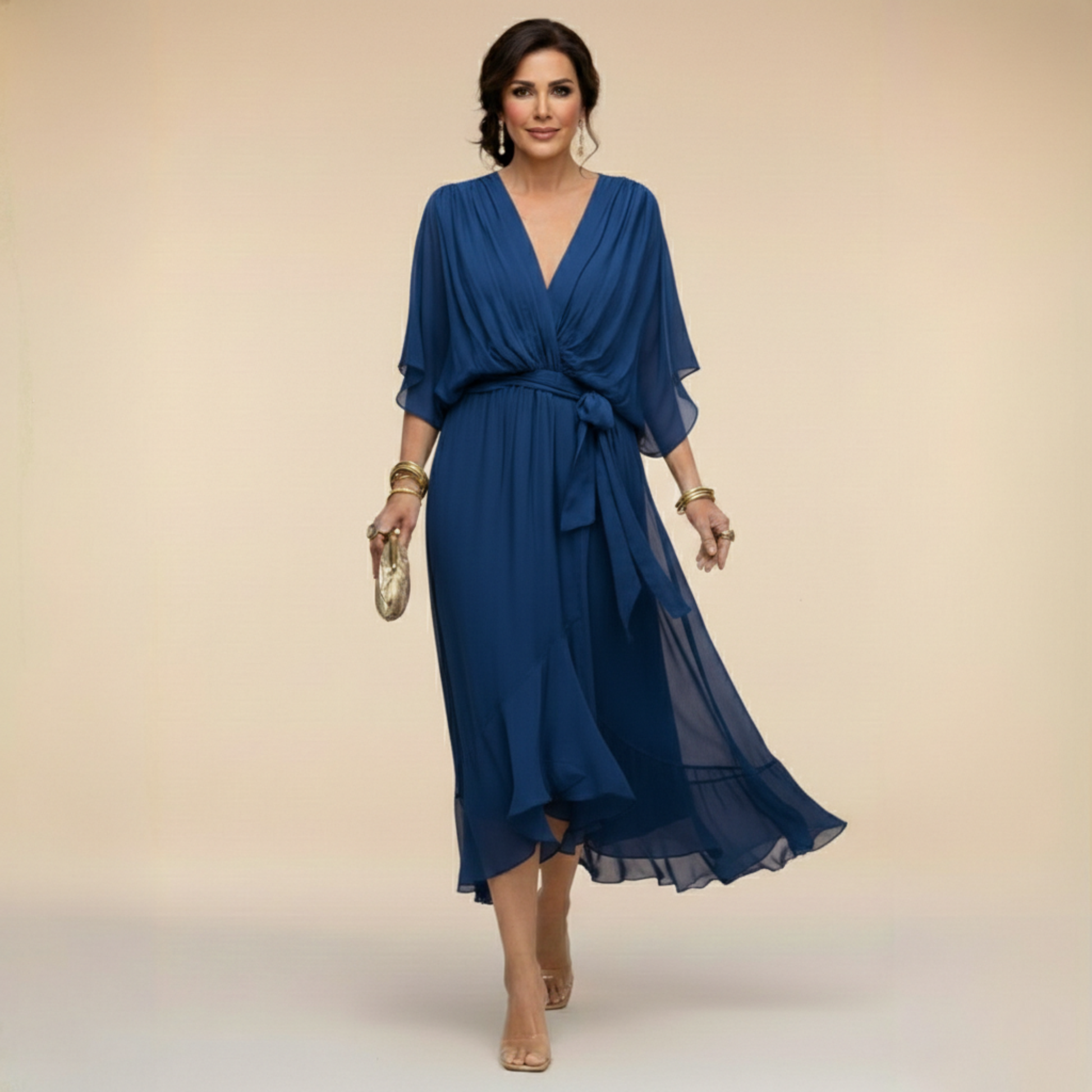Femme Robe Midi à Col en V avec Manches Chauve-Souris et Ceinture Nouée