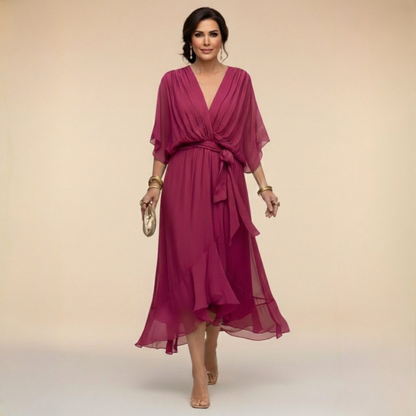 Femme Robe Midi à Col en V avec Manches Chauve-Souris et Ceinture Nouée