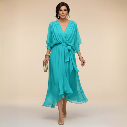 Femme Robe Midi à Col en V avec Manches Chauve-Souris et Ceinture Nouée