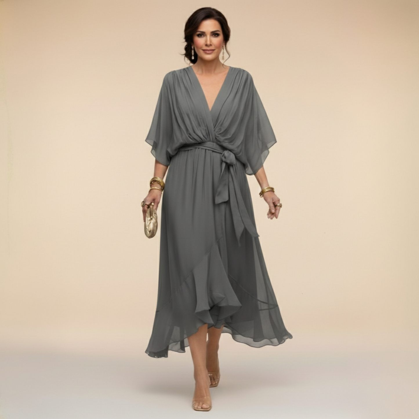 Femme Robe Midi à Col en V avec Manches Chauve-Souris et Ceinture Nouée