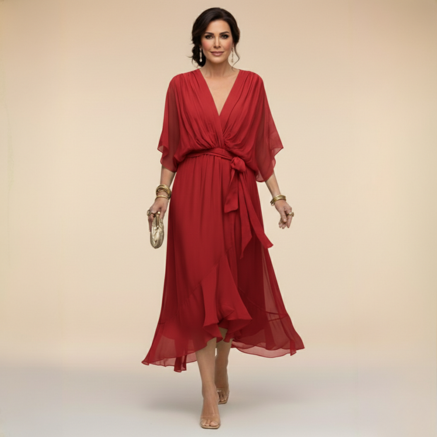 Femme Robe Midi à Col en V avec Manches Chauve-Souris et Ceinture Nouée