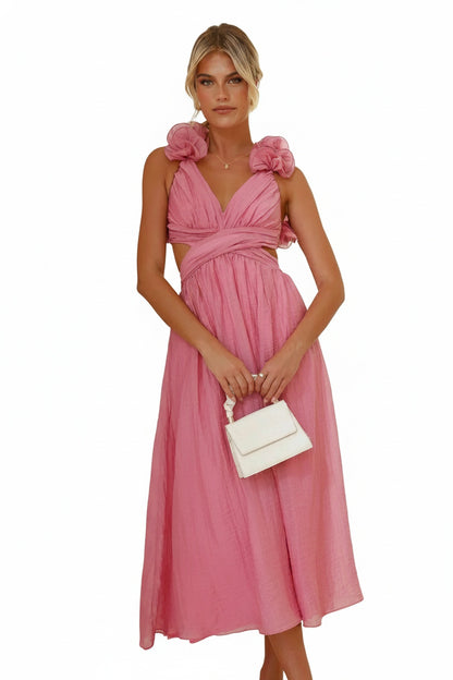 Femme Robe Midi à Col en V avec Volants Floraux et Dos Lacé