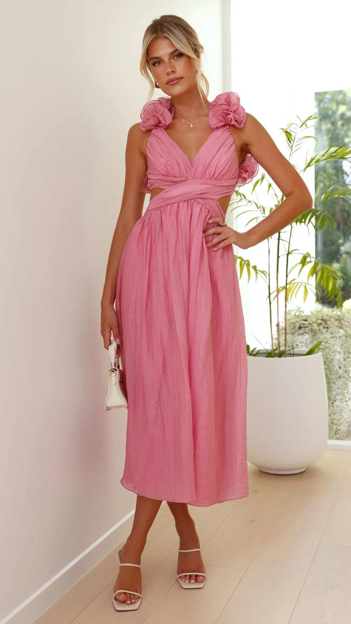 Femme Robe Midi à Col en V avec Volants Floraux et Dos Lacé