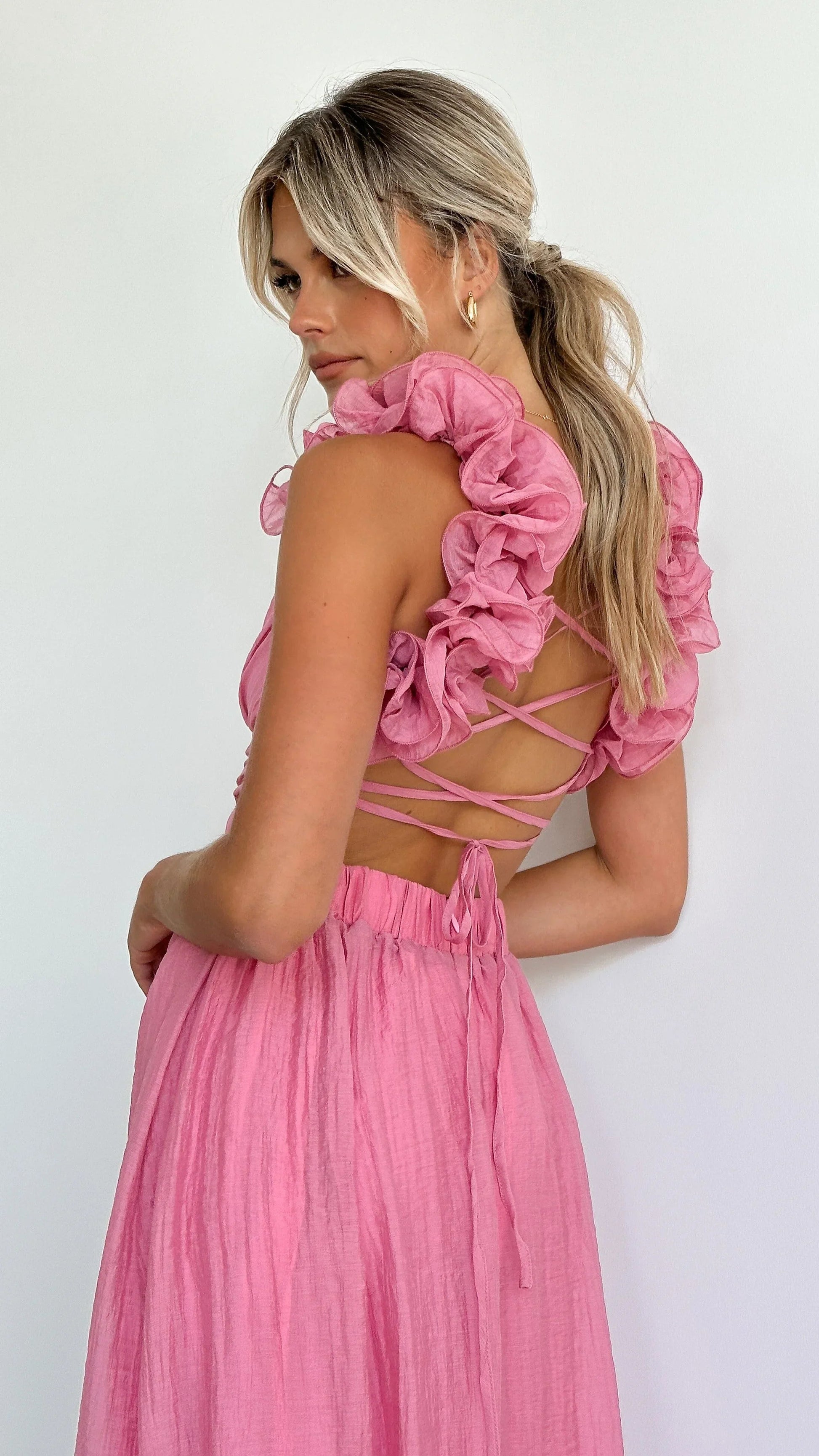 Femme Robe Midi à Col en V avec Volants Floraux et Dos Lacé