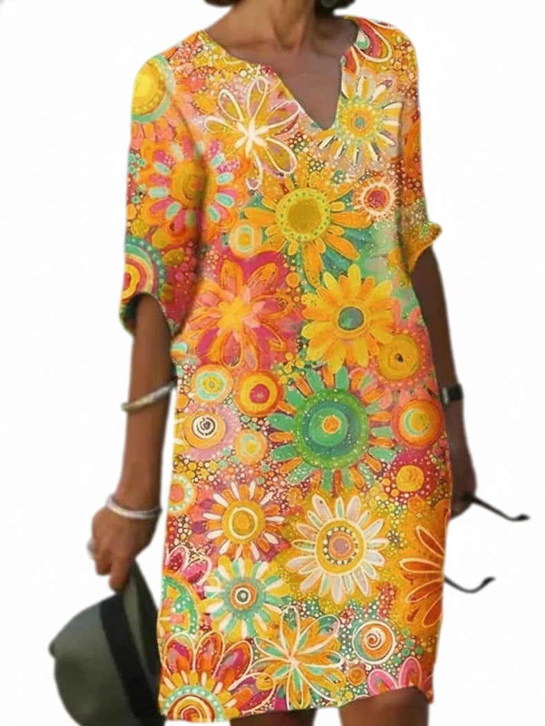 Femme Robe Midi à Col en V et Imprimé Floral avec Manches Courtes
