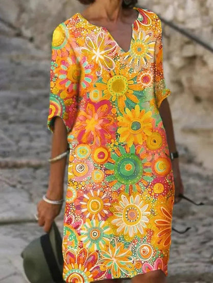 Femme Robe Midi à Col en V et Imprimé Floral avec Manches Courtes