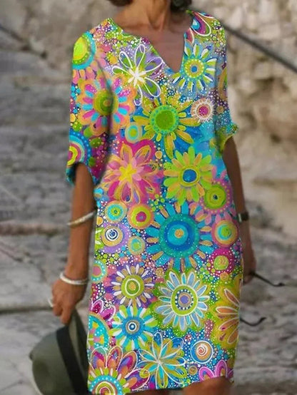 Femme Robe Midi à Col en V et Imprimé Floral avec Manches Courtes