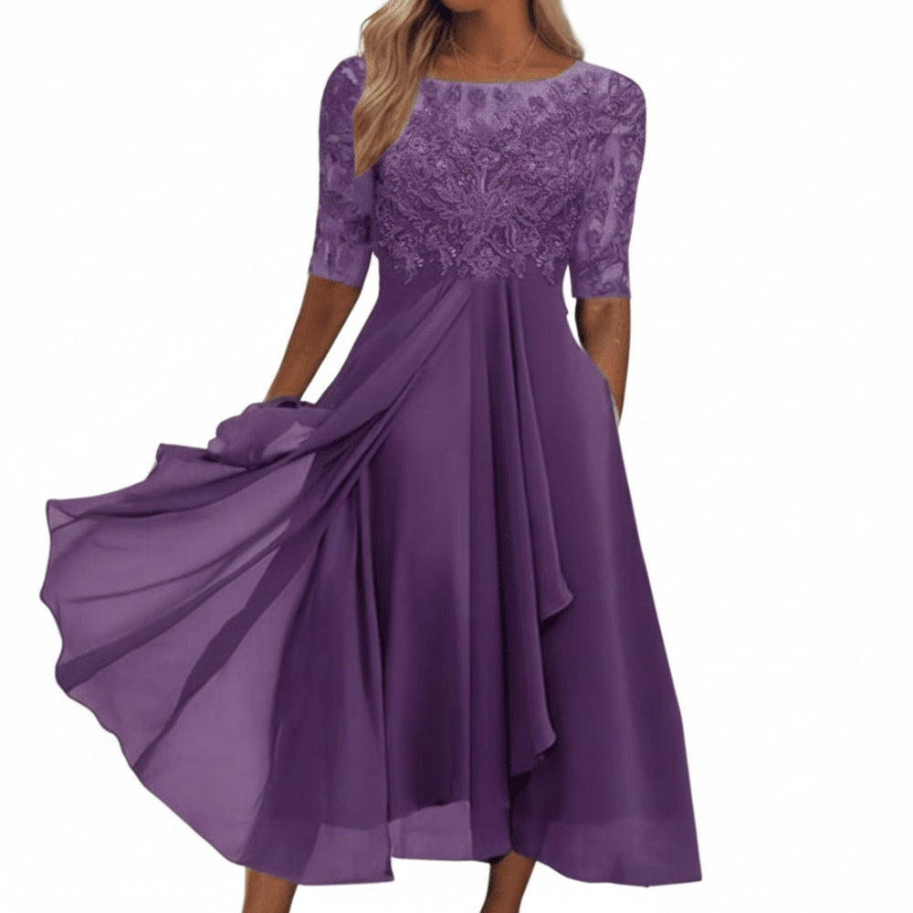 Femme Robe Midi à Col Rond avec Broderie Florale et Jupe Évasée